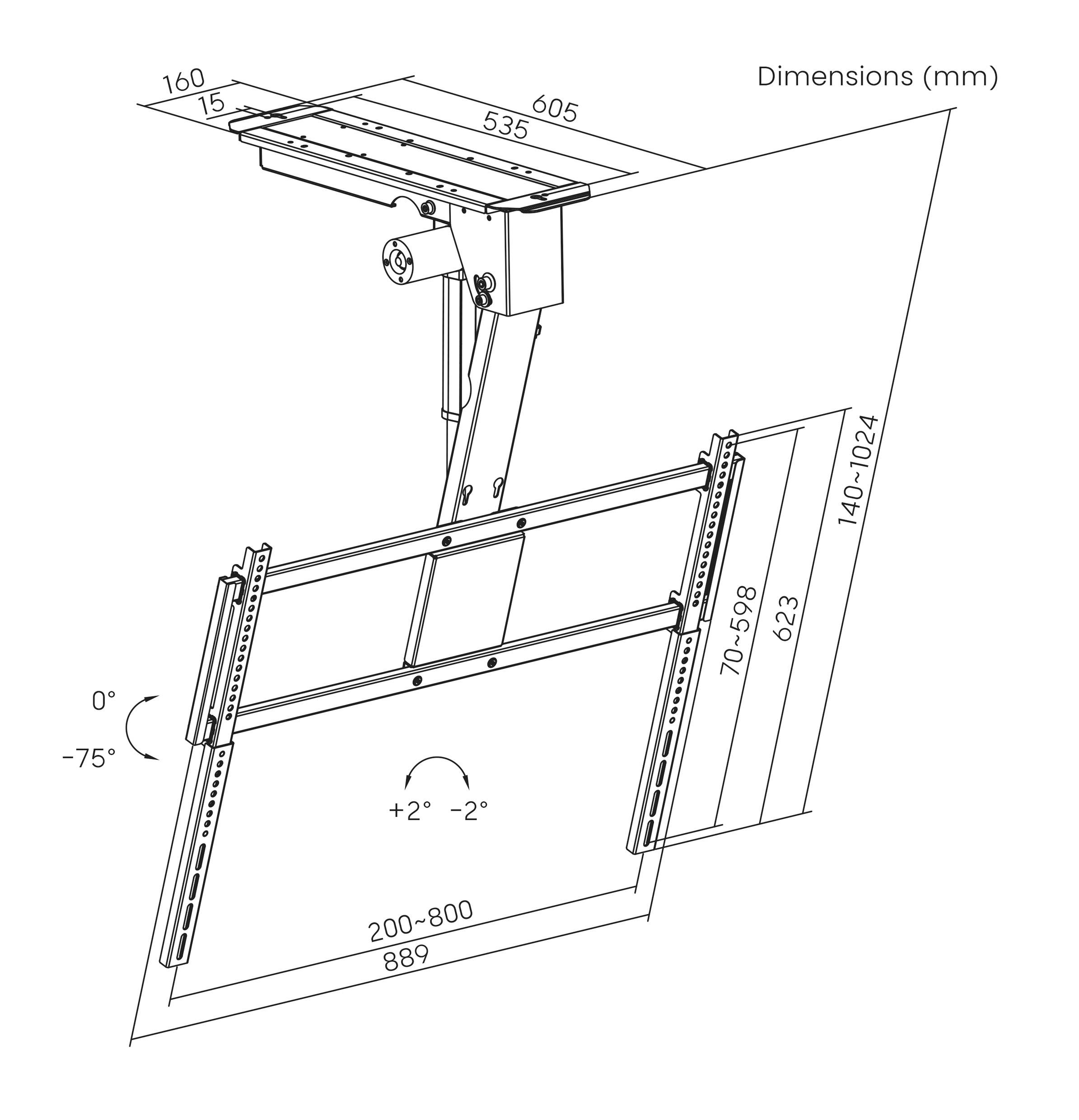 Verstellbare Decken-TV-Halterung - Diagramm mit Abmessungen in Millimetern, einschließlich Neigungswinkel von 0° bis -75° und ±2° Schwenkbereich.
