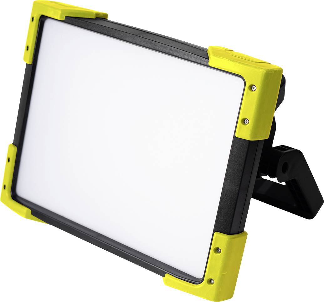 Eine mobile LED-Arbeitsleuchte mit rechteckiger Form, untergebracht in einem robusten Gehäuse in Schwarz und Gelb, auf einem Ständer angewinkelt.