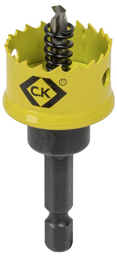 Ein gelbes Lochsägebesteck mit Sechskantschaft, Zentrierbohrer und sichtbarem C.K-Logo, konzipiert zum Schneiden von Löchern in Holz- oder Metalloberflächen.