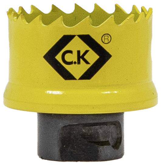 Ein gelbes C.K-Lochsägewerk mit gezackten Zähnen und schwarzer Basis, das verwendet wird, um kreisrunde Löcher in Materialien wie Holz oder Metall zu schneiden.