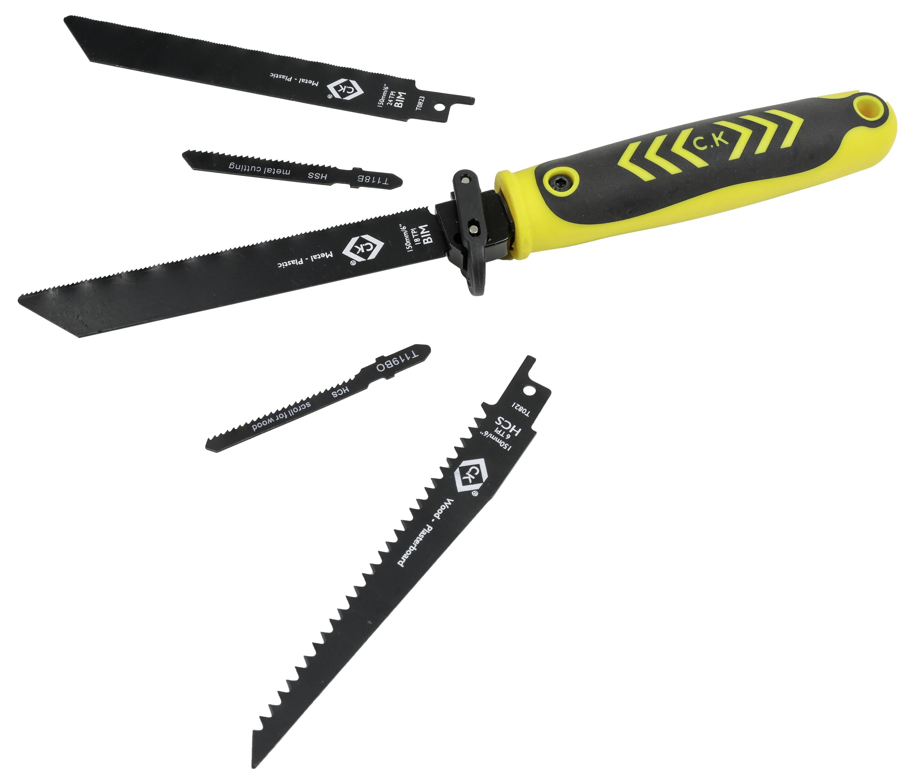 Ein gelb-schwarzer Multitool mit vier abnehmbaren Sägeblättern in verschiedenen Größen und Formen, entwickelt für unterschiedliche Sägeaufgaben.