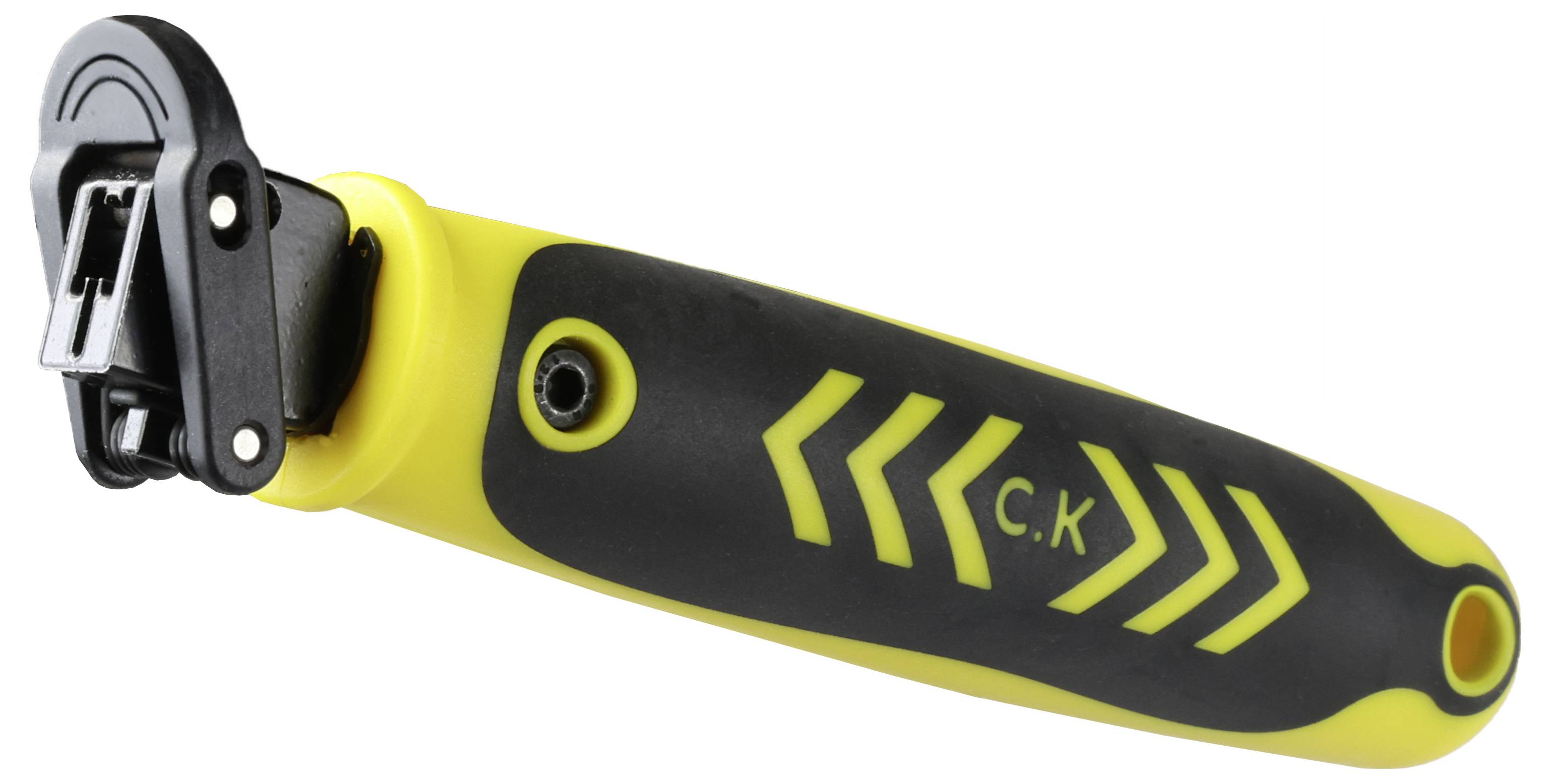 Ein gelb-schwarzer Abisolierwerkzeug mit der Marke 'C.K' auf dem Griff, ausgestattet mit einem Metallkopf für präzise Kabelabisolierarbeiten.
