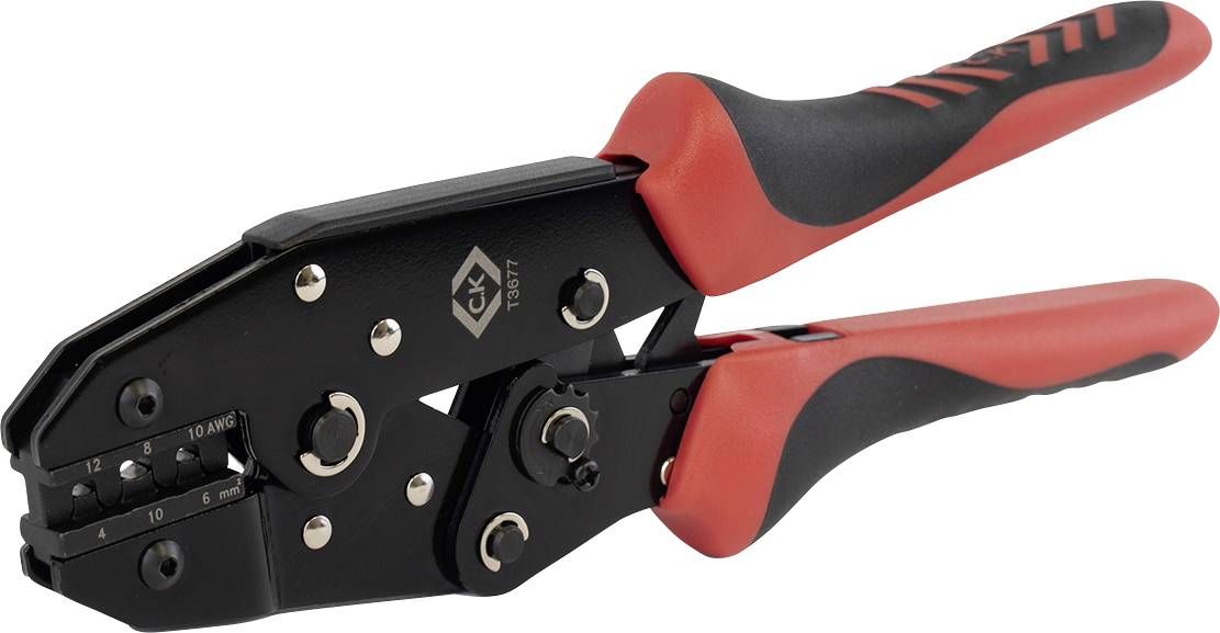 Eine Crimpzange mit dunklen Metallbacken und roten Griffen, die zum Verbinden von Materialien durch Verformung verwendet wird, um sie sicher zu befestigen.