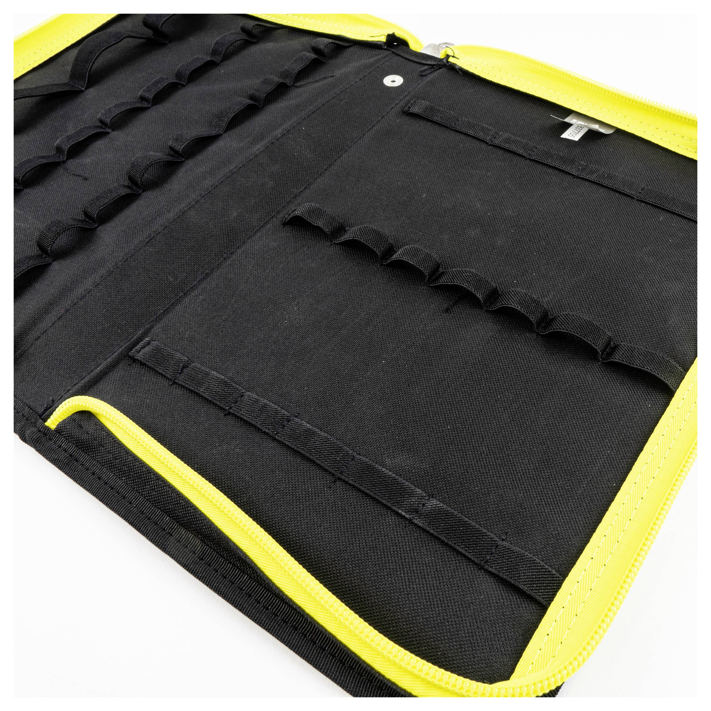 Öffnen Sie eine schwarze und gelbe Stofftasche mit Taschen und elastischen Schlaufen, die entwickelt wurde, um Werkzeuge oder Zubehör sicher zu organisieren.