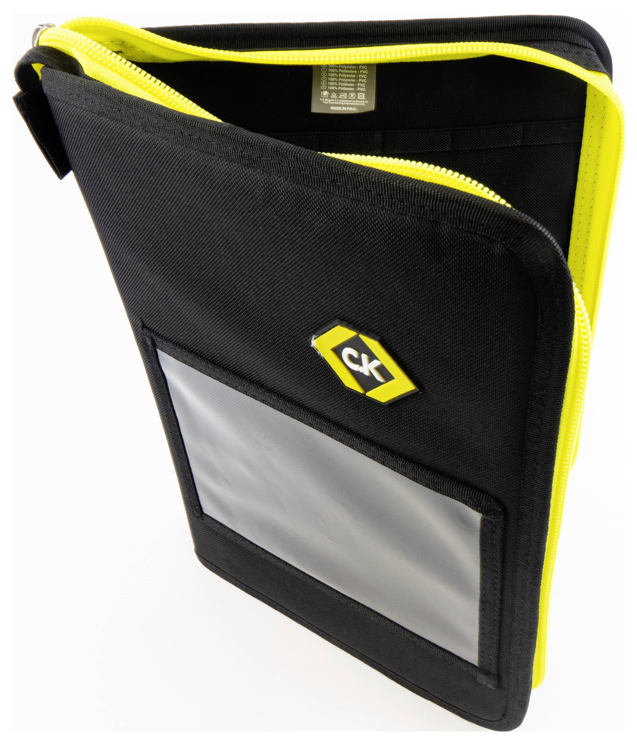 Ein schwarzer und gelber Reißverschluss-Werkzeugkoffer steht offen und zeigt sein Inneres. Eine transparente Plastiktasche ist an der Vorderseite sichtbar.