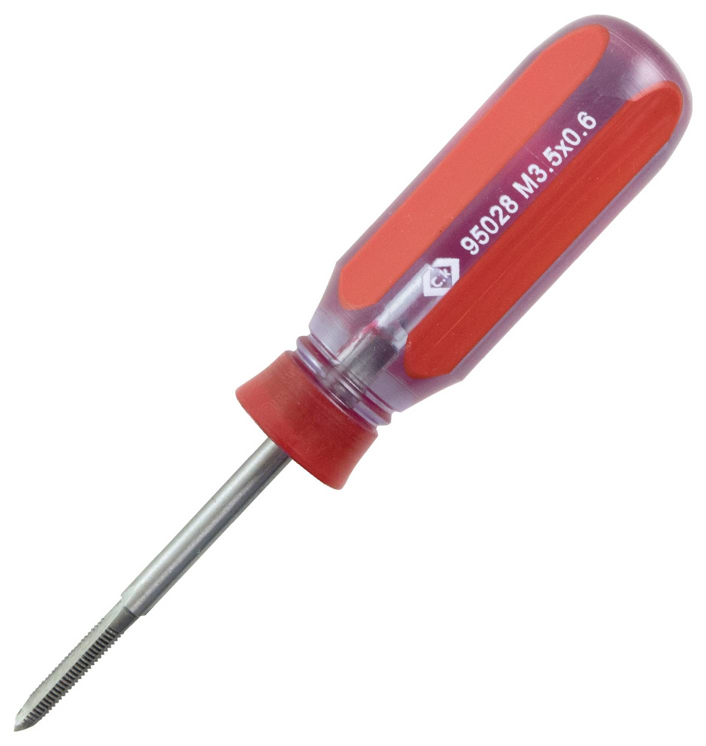 Ein Schraubendreher mit einem roten, durchscheinenden Griff und einem Metallschaft, konzipiert für Präzisionsaufgaben, mit der Aufschrift '95028 M3.5x0.6'.