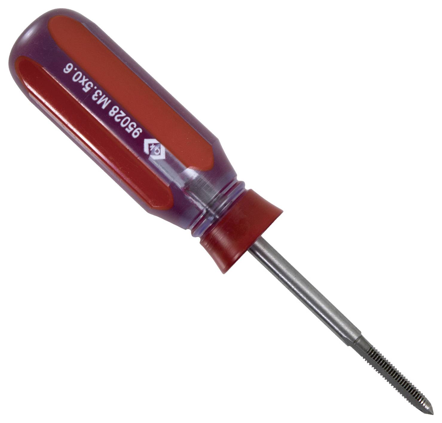 Ein Wendeeisen mit rotem Griff wird gezeigt, das zum Gewindeschneiden oder Gewindeformen von Löchern entwickelt wurde.