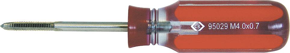 Ein Gewindebohrer mit rotem Griff, auf dem '95029 M4.0x0.7' markiert ist, der zum Schneiden von Gewinden in einem Loch verwendet wird.