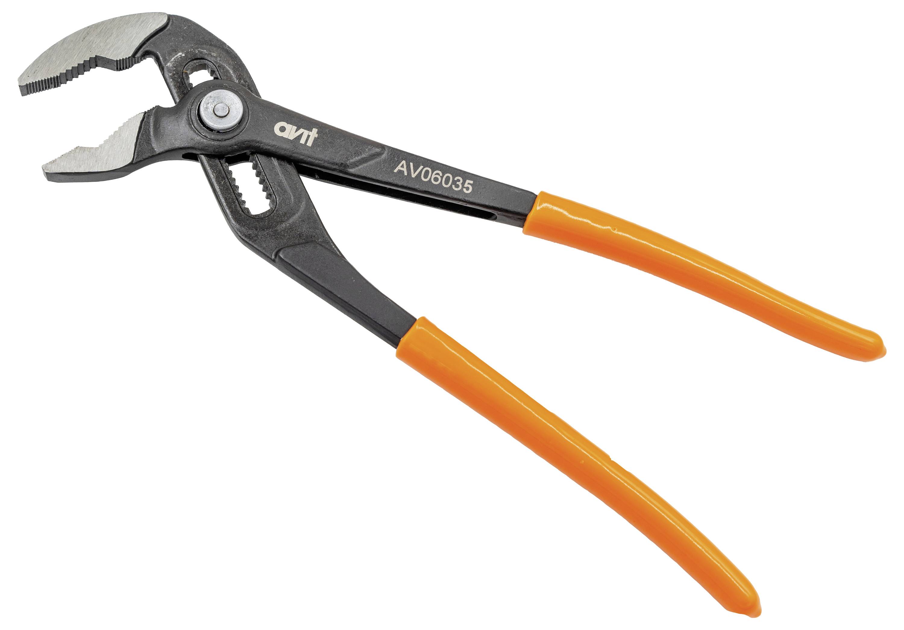Verstellbare Zange mit schwarzen Metallbacken und orangefarbenen Gummigriffstücken, mit der Beschriftung 'AV06035' am Griff.