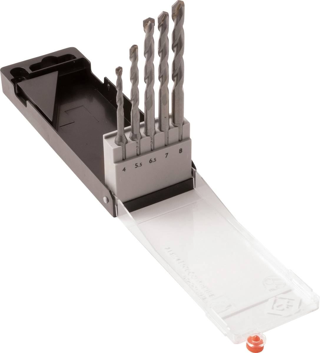 Ein Satz von fünf Bohrern in verschiedenen Größen von 4,0 bis 8,0 mm, präsentiert in einer offenen Plastikbox mit einzelnen Fächern für jeden Bohrer.