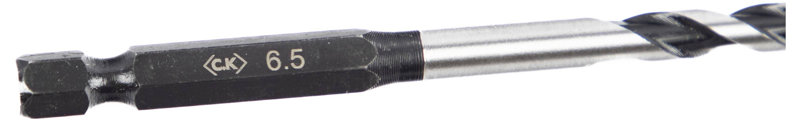 Ein Bohrer mit einem sechseckigen Schaft und einer Größenmarkierung von '6,5' wird gezeigt. Der Bohrer verfügt über eine Spiralnut für effizientes Schneiden.