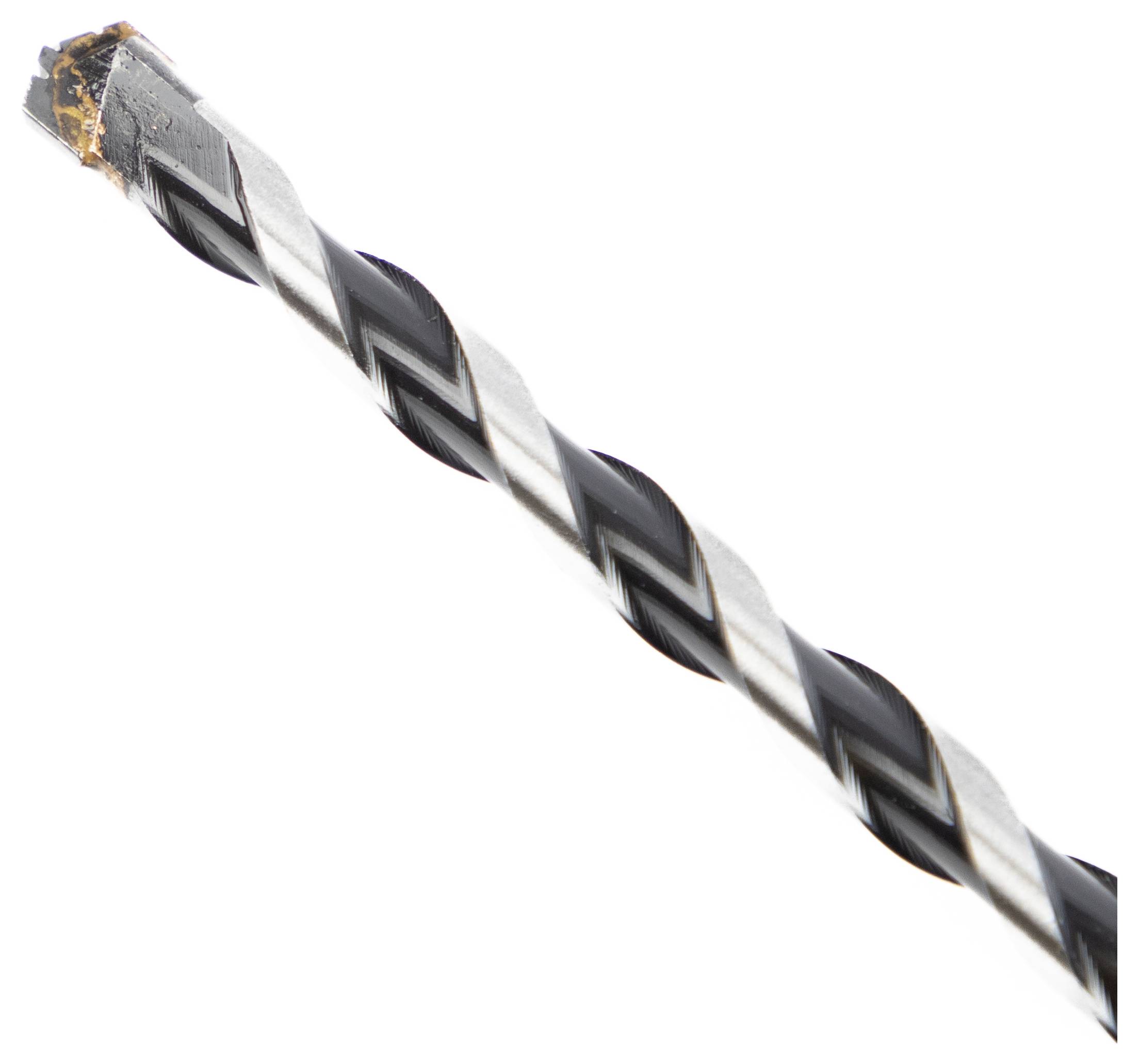 Nahaufnahme einer schwarzen und silbernen Spiralbohrersspitze, die ihre scharfe, spitze Endpartie und gedrehte Konstruktion zeigt, verwendet zum Bohren.