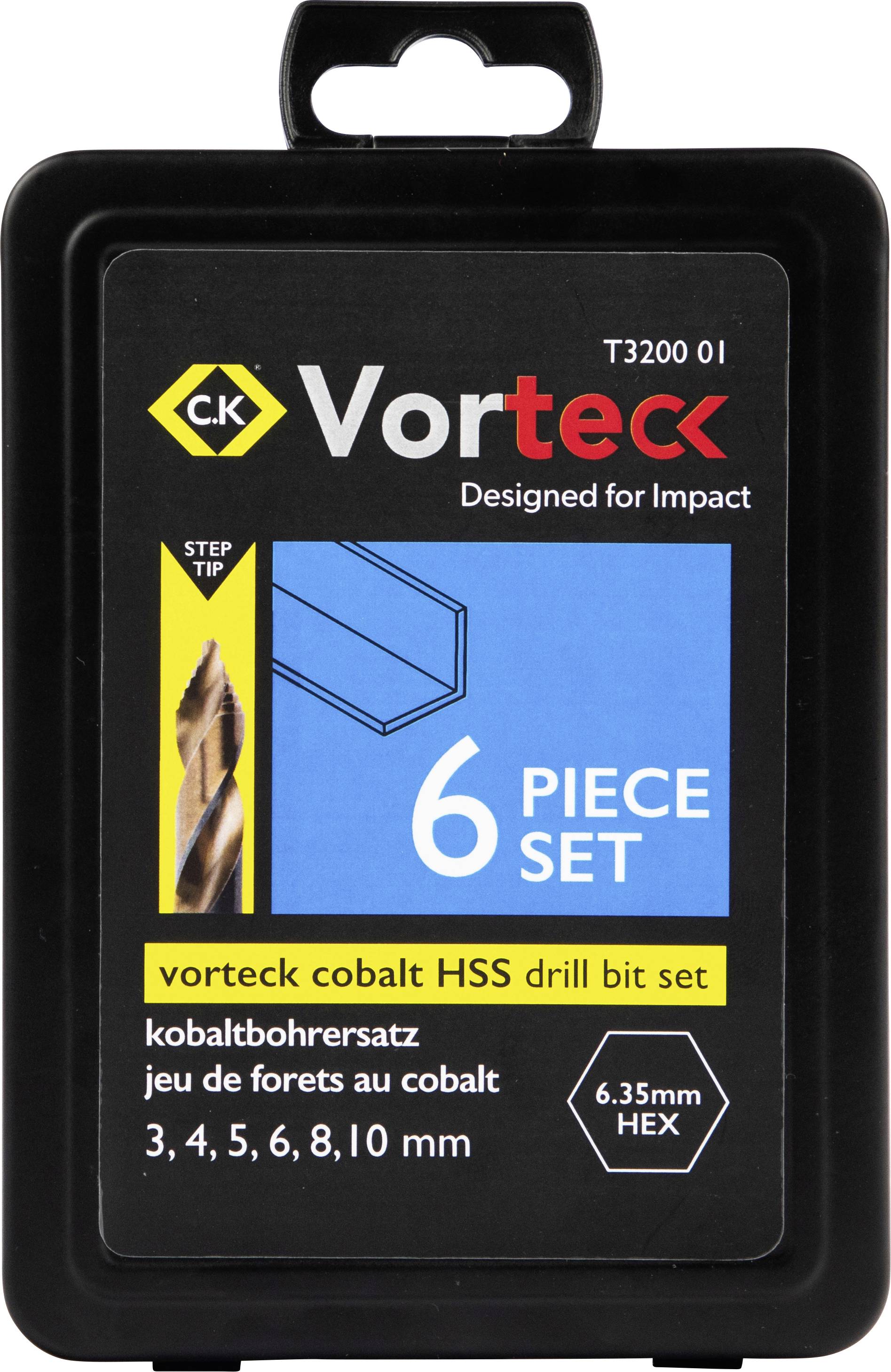 Vorteck 6-teiliges Kobalt-HSS-Bohrersatz, Stufenspitze, Größen 3, 4, 5, 6, 8, 10 mm, 6,35 mm Sechskant, für Schlagbohrungen entwickelt.