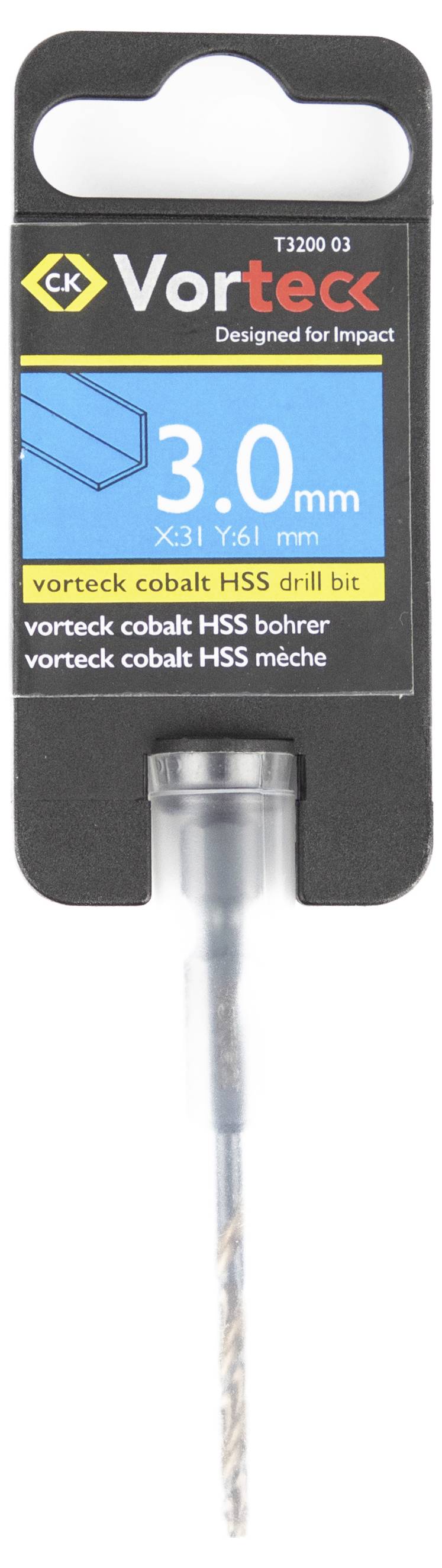 '3,0mm Vortex Kobalt HSS-Bohrer in Verpackung, mit Teilenummer T3200 03 und Werbespruch ‚Entwickelt für Schlagbohrungen'.
