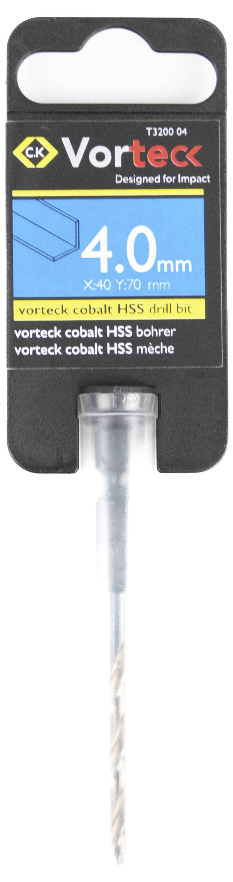 Bohrbitpackung mit Beschriftung 'Vorteck 4,0 mm'. Entwickelt für Schlagbohrungen, X40 1/70 mm. Enthält einen Kobalt-HSS-Bohrer.