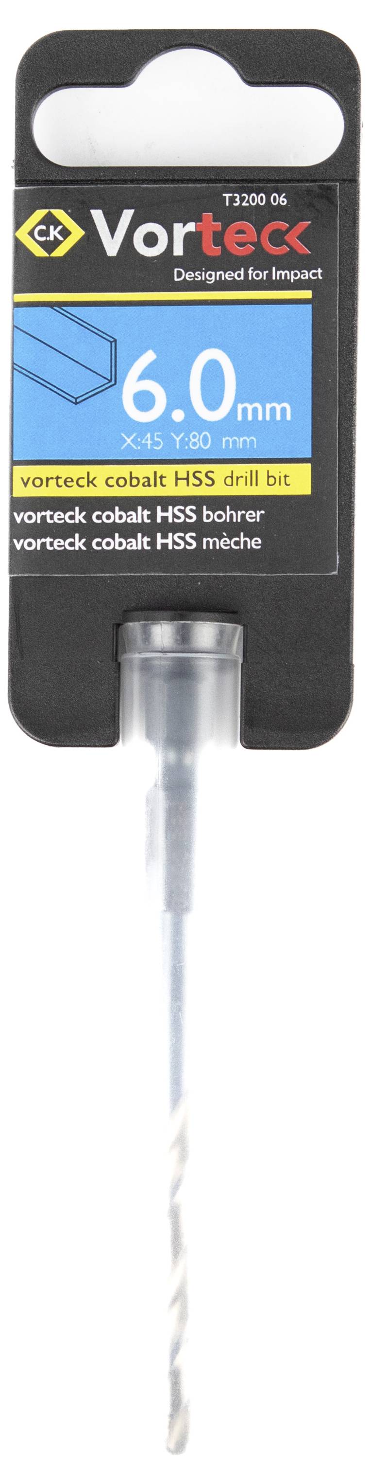 Bohrerspitze Verpackung mit Aufschrift 'VorTeck', 6,0 mm, X415 Y60 mm, für Schlagbohrungen entwickelt. Enthält Produktbeschreibung in mehreren Sprachen.