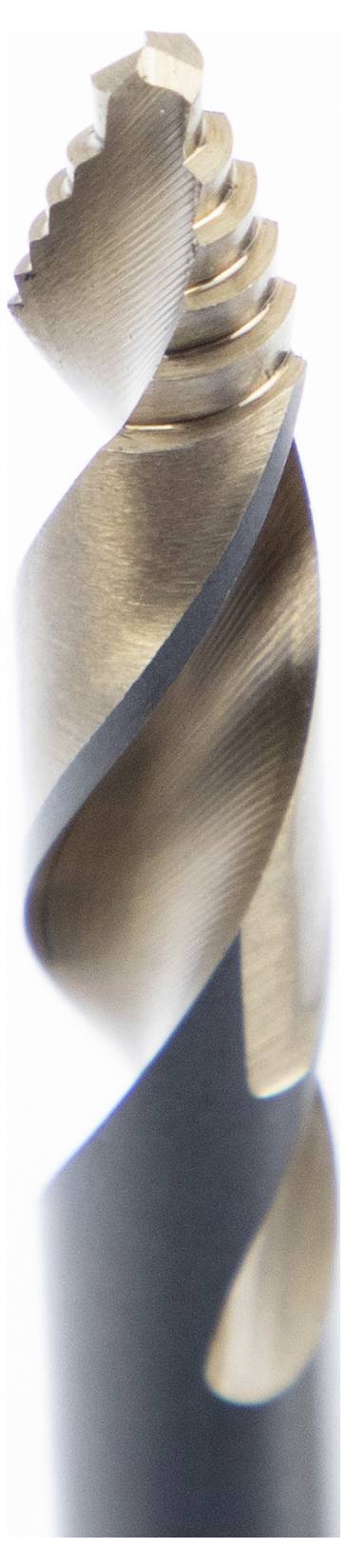 Nahaufnahme eines Spiralbohrers mit einem scharfen, gedrehten Metalldesign, wobei die Schneidkanten und die glänzende Oberfläche hervorgehoben werden.