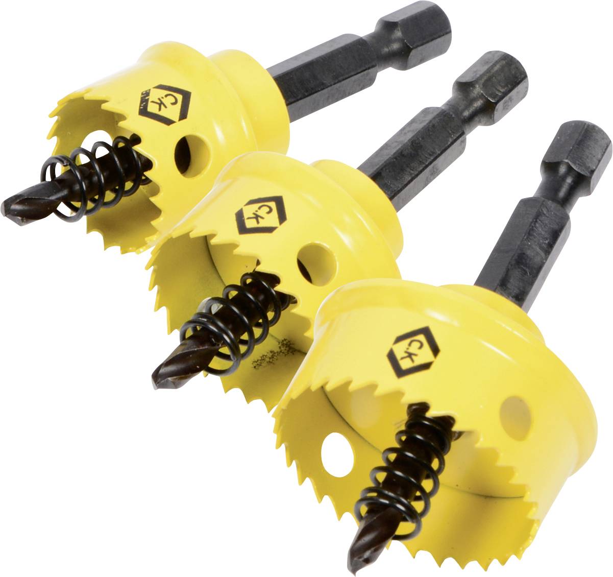 Drei gelbe Lochsägeaufsätze mit schwarzen Sechskantschäften, die jeweils eine Feder und Sägezähne aufweisen, auf einem weißen Hintergrund angeordnet.
