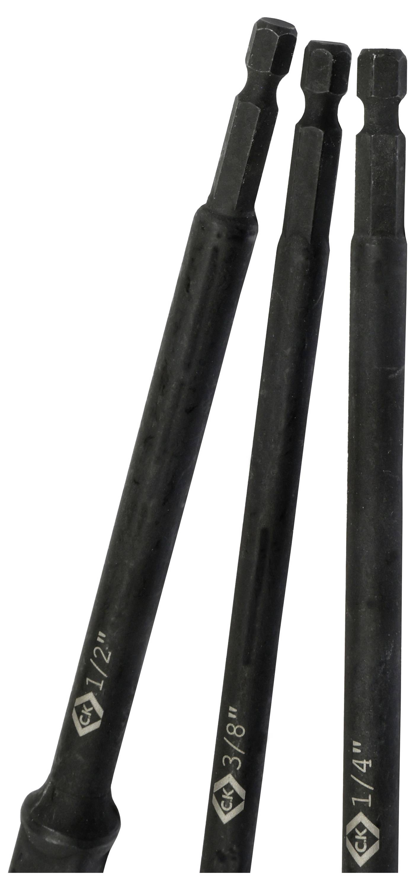 Drei schwarze sechskant-Schraubeinsätze, von links nach rechts beschriftet mit: '1/2