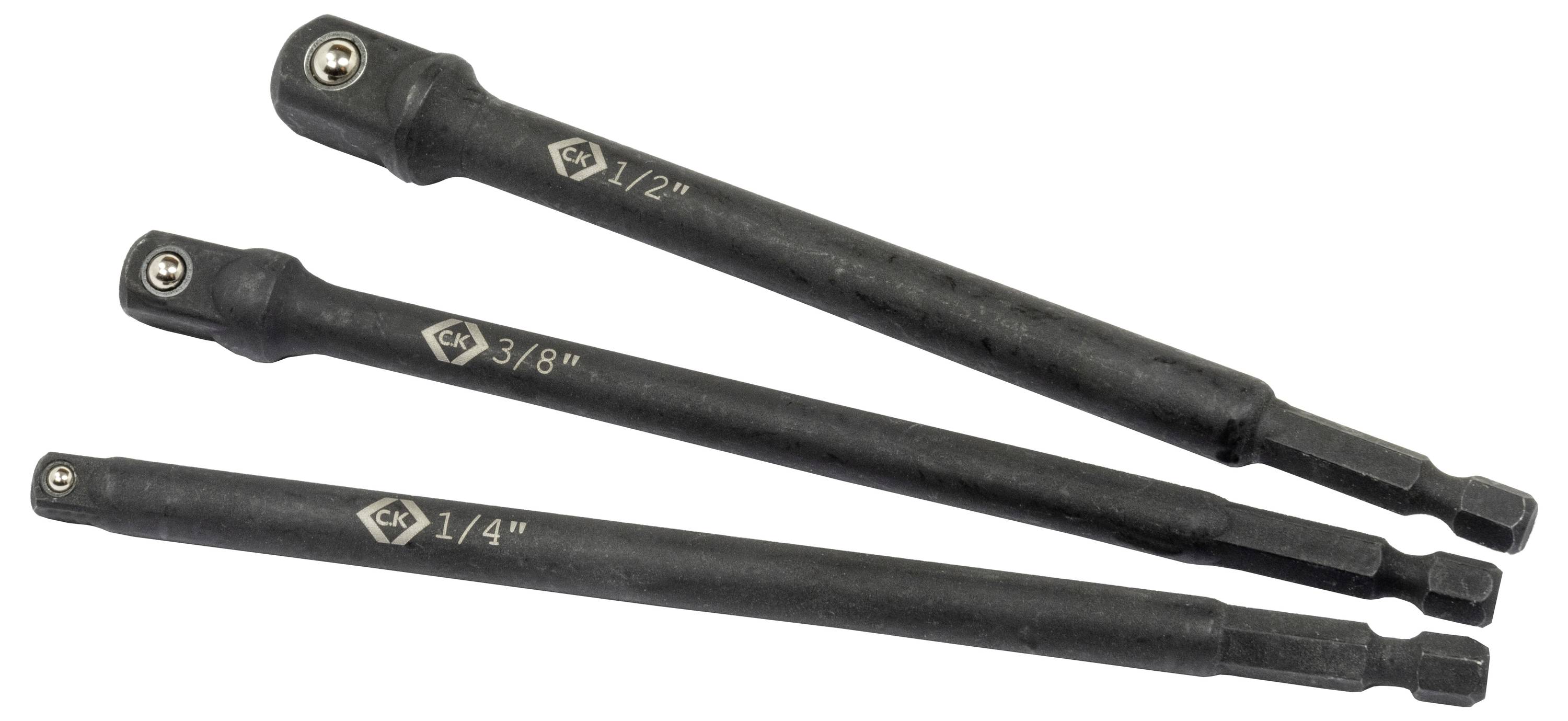 Drei schwarze Verlängerungsaufsätze mit Größenangaben von '1/2