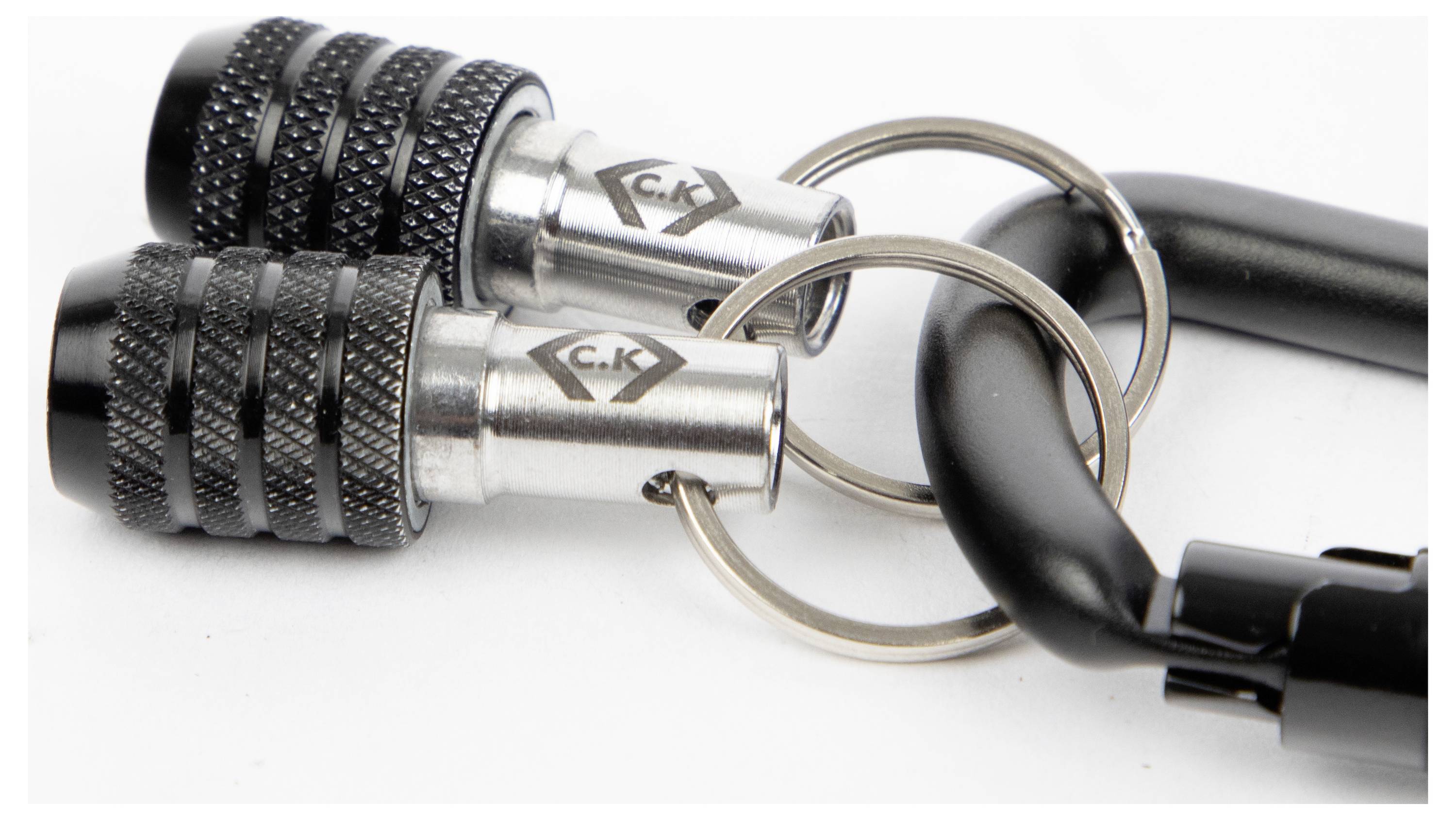Zwei schwarze und silberne Schlösser an einem schwarzen Karabiner vor einem weißen Hintergrund.