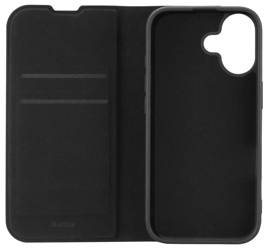 Eine schwarze Handyhülle mit einer aufklappbaren Klappe, die auf der linken Seite Kartenfächer zeigt. Geeignet für ein Smartphone mit Aussparung für die Rückkamera.