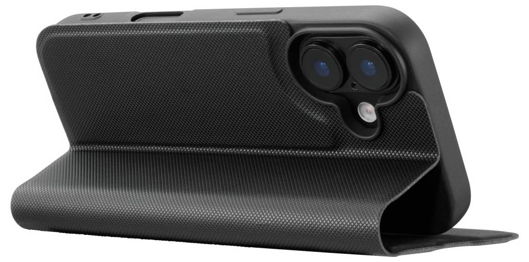 Eine schwarze Handyhülle mit einer strukturierten Oberfläche und einem faltbaren Deckel, entwickelt zum Schutz eines Smartphones mit dualer Rückkamera.