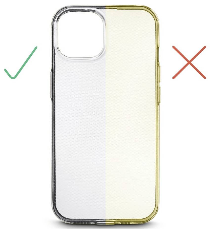 Handyhülle: Vergleichsbild mit zwei Hälften: linke Hälfte ist klar und perfekt passend mit einem grünen Häkchen; rechte Hälfte ist vergilbt mit einem roten Kreuz.