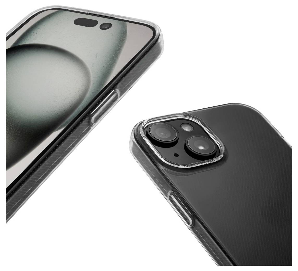 Vorder- und Rückansicht eines modernen Smartphones mit dualer Rückkamera in einer transparenten Hülle.