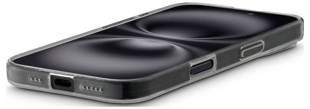 Ein Smartphone mit einem schlanken schwarzen Bildschirm, zwei Rückkameraobjektiven und einer transparenten Schutzhülle, aus der Seitenansicht betrachtet.
