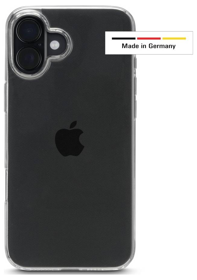Ein schwarzes Smartphone in einem transparenten Etui mit dem Apple-Logo. Ein Etikett trägt die Aufschrift 