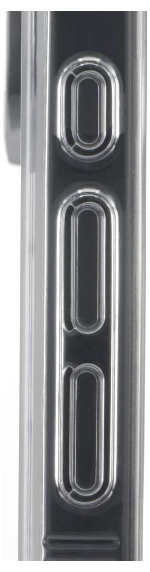 Seitenansicht eines eleganten metallischen Geräts mit zwei länglichen ovalen Tasten, was auf ein modernes, minimalistisches Design hindeutet.