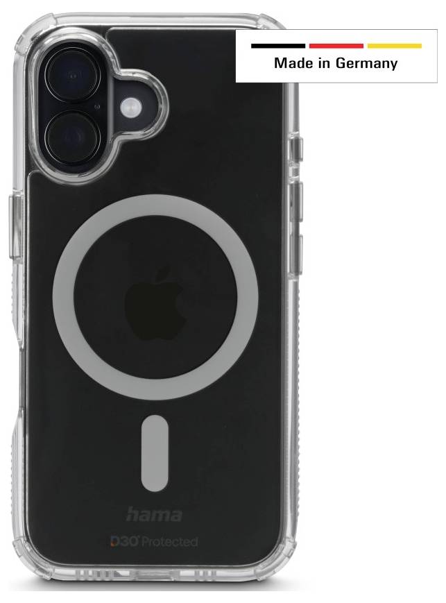 Transparente Handyhülle mit kreisförmigem Design, von hinten gesehen. Etikett oben rechts mit der Aufschrift 