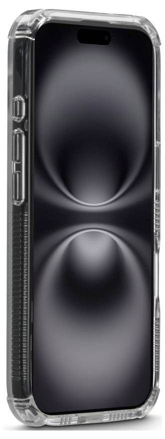 Ein Smartphone mit einer durchsichtigen Schutzhülle, das einen abstrakten schwarz-silbernen Muster auf dem Bildschirm zeigt und vertikal steht.