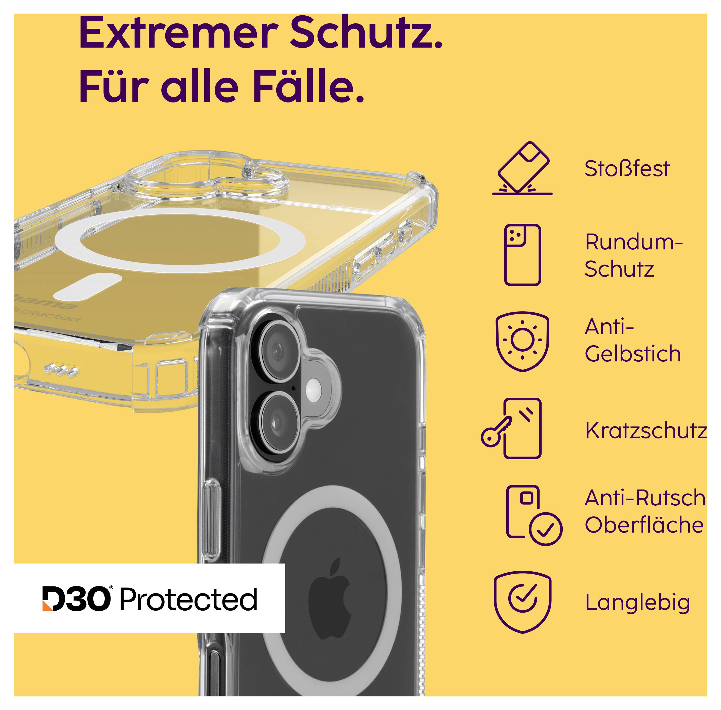 Werbeanzeige für Smartphonehülle mit 'Extremer Schutz. Für alle Fälle.'; zeigt transparente Hülle und iPhone mit MagSafe sowie Schutzmerkmale: stoßfest, rundum geschützt, anti-gelb, kratzschutz, anti-rutsch, langlebig.