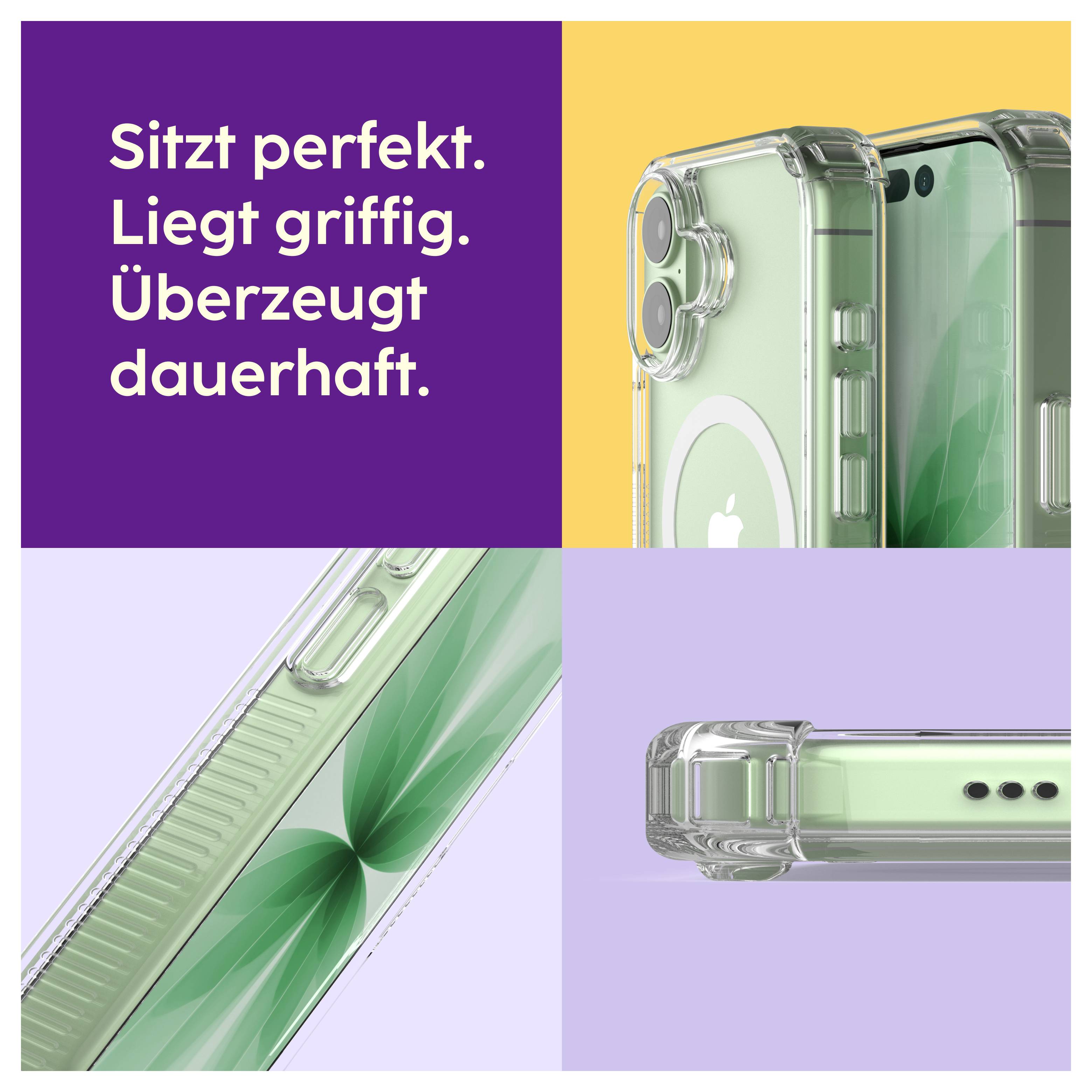 Werbeanzeige für eine transparente Handyhülle an einem grünen Smartphone mit Text: 'Sitzt perfekt. Liegt griffig. Überzeugt dauerhaft.'