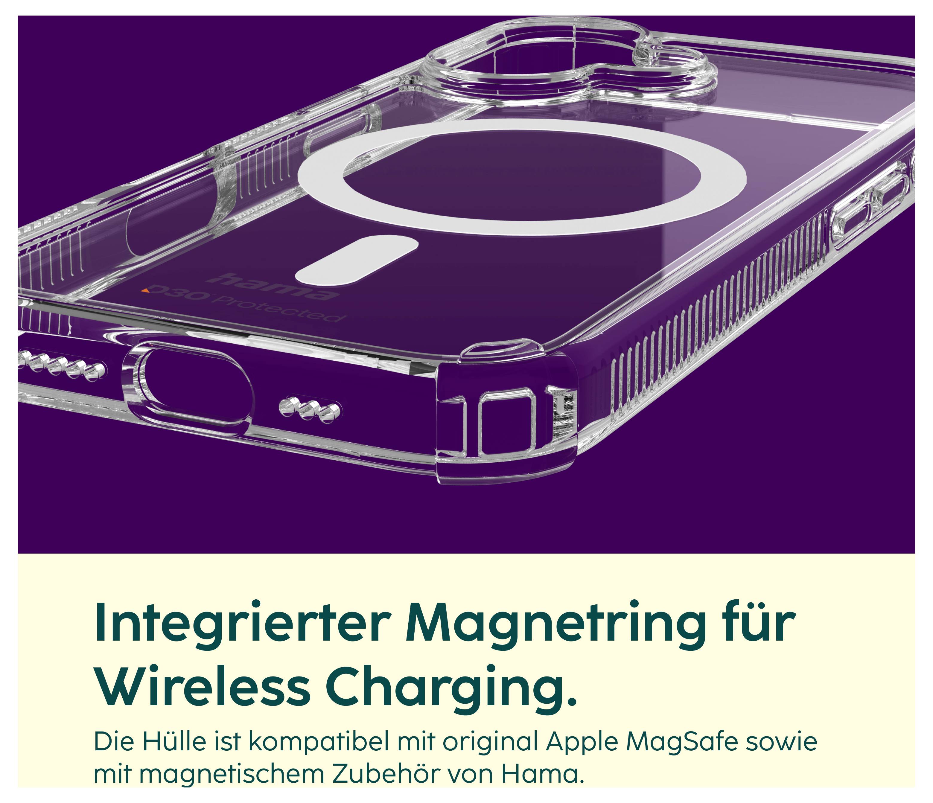Transparente Smartphone-Hülle mit integriertem Magnetring; bewirbt kabelloses Laden und Kompatibilität mit Apple MagSafe sowie Hama-Zubehör.