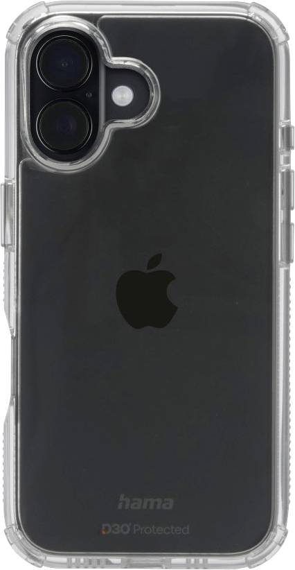 Transparente Handyhülle auf einem schwarzen Smartphone mit einem Apple-Logo und zwei sichtbaren Kameralinsen.