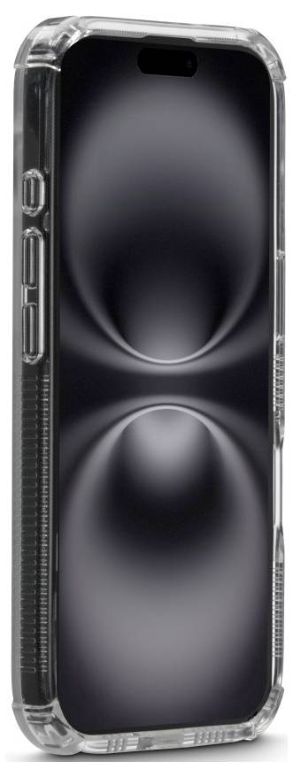 Ein Smartphone mit einem eleganten, futuristischen Design und einer transparenten Schutzumhüllung, auf dessen Bildschirm abstrakte dunkle Kugeln zu sehen sind.