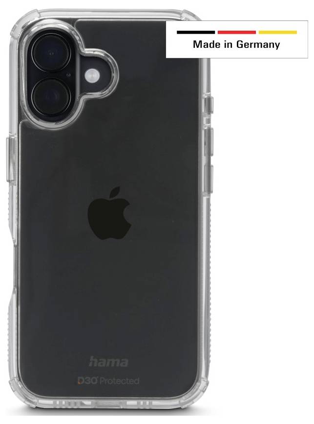 Transparente Handyhülle auf einem Smartphone mit Dual-Kameraobjektiven. Aufschrift 'Made in Germany' mit einer kleinen deutschen Flagge darüber.