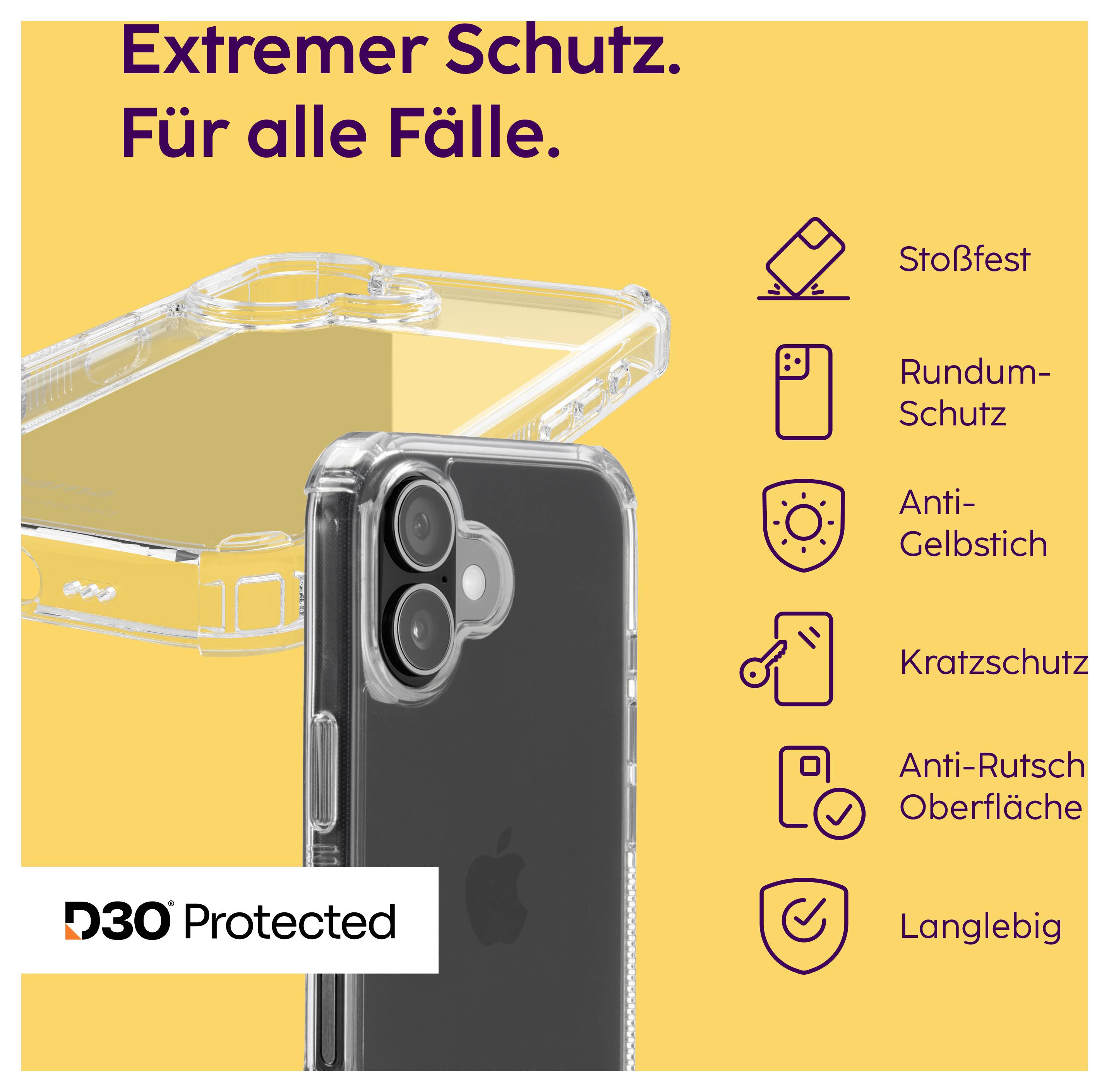 Werbeanzeige für eine Smartphonehülle: 'Extremer Schutz. Für alle Fälle.' mit D3O Protected; nennt Stoßfest, Rundumschutz, Anti-Gelb, Kratzschutz, Anti-Rutsch-Oberfläche, langlebig.