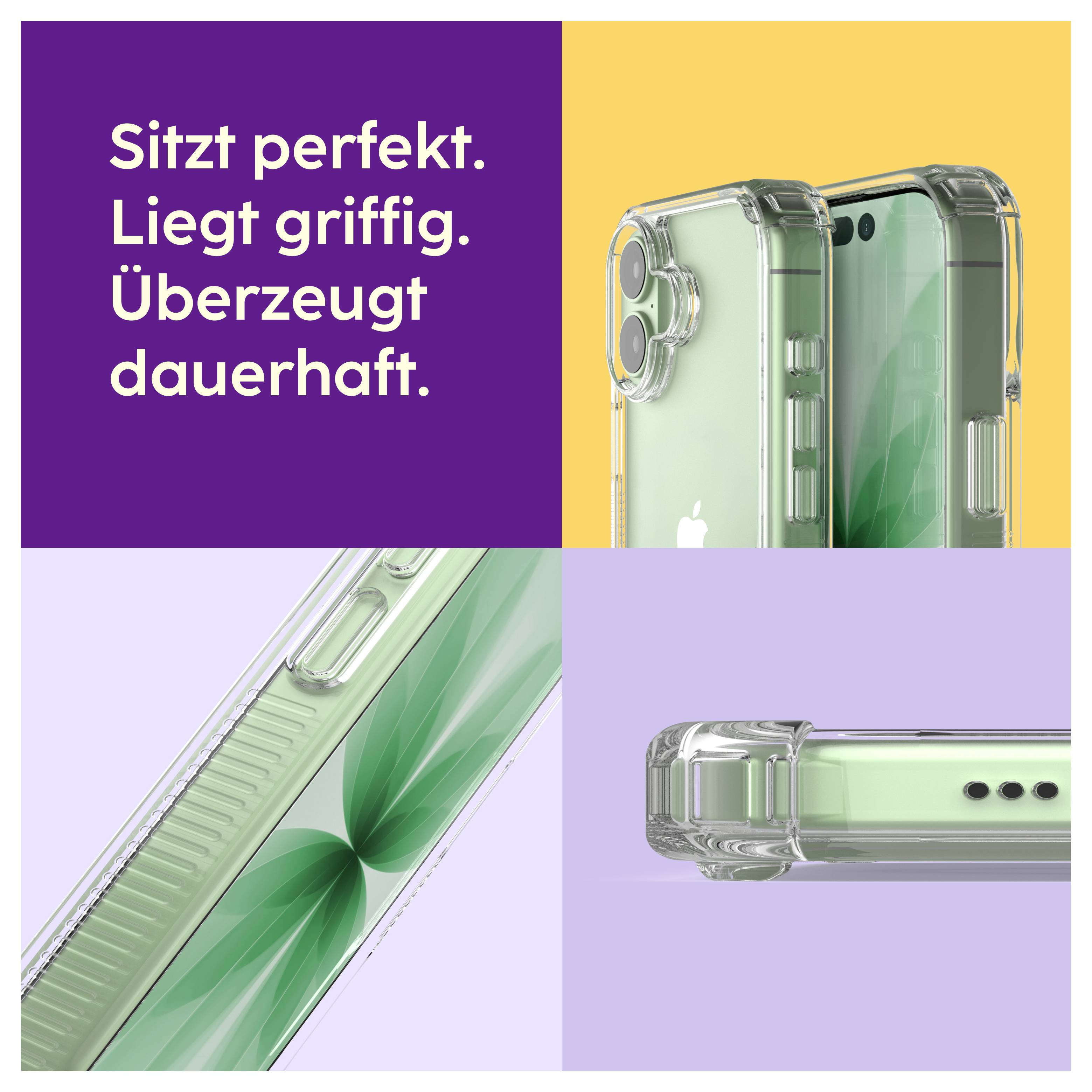 Werbe-Collage mit transparentem iPhone-Case: Text 'Sitzt perfekt. Liegt griffig. Überzeugt dauerhaft.' und Nahaufnahmen des Schutzcovers aus verschiedenen Winkeln.