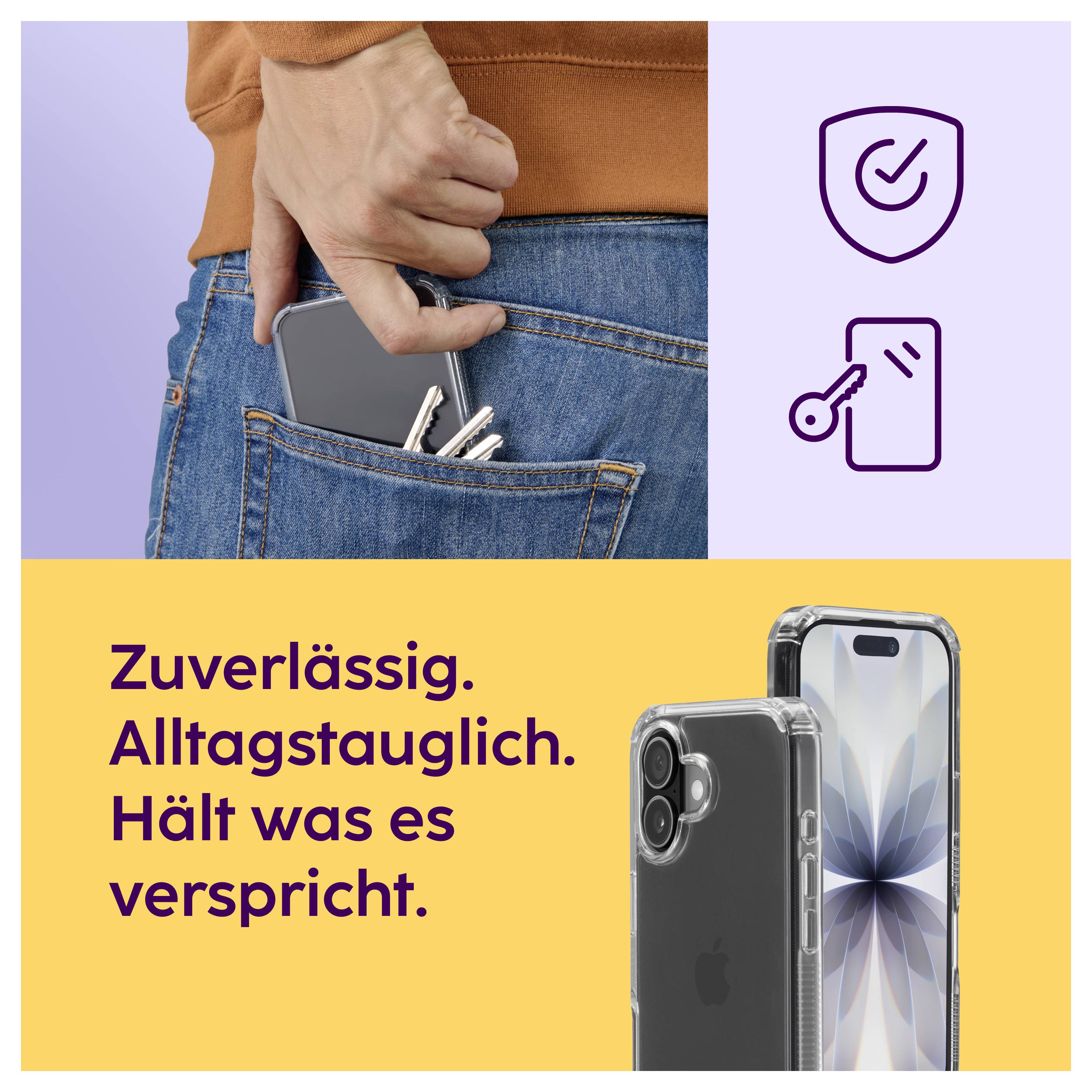 Werbung für ein robustes Smartphone: Ein Handy steckt in der Gesäßtasche, daneben Schutzsymbole; unten das Gerät mit dem Text 'Zuverlässig. Alltagstauglich. Hält was es verspricht.'