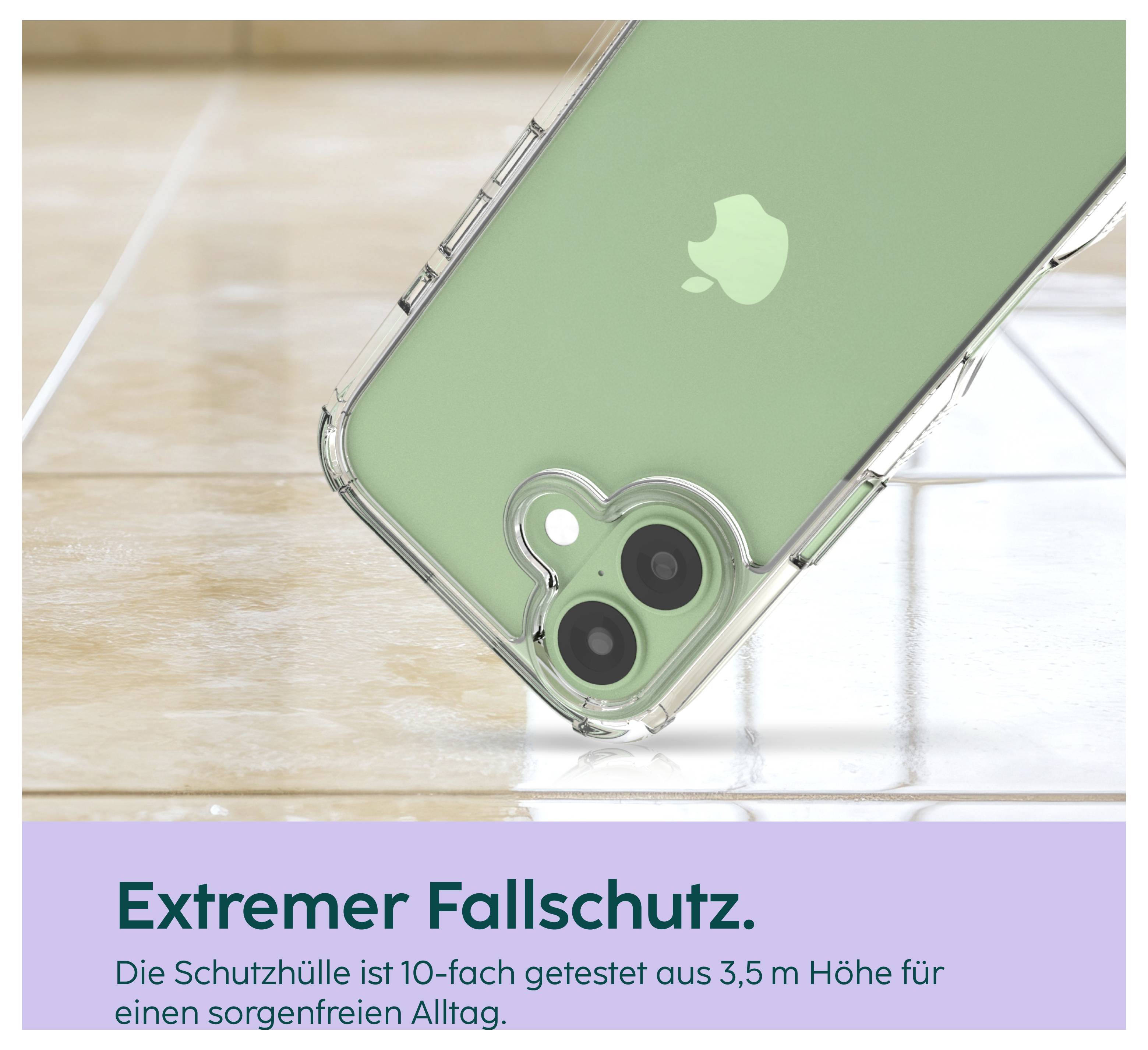 Grünes iPhone in transparenter Schutzhülle, aus schräger Perspektive gezeigt; darunter der Text 'Extremer Fallschutz. Die Schutzhülle ist 10-fach getestet aus 3,5 m Höhe für einen sorgenfreien Alltag.'