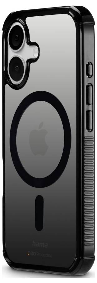 Eine elegante Smartphone-Hülle mit einem MagSafe-Ring und Aussparung für Dual-Kamera, mit griffiger Seitenstruktur und glänzend schwarzer Oberfläche.