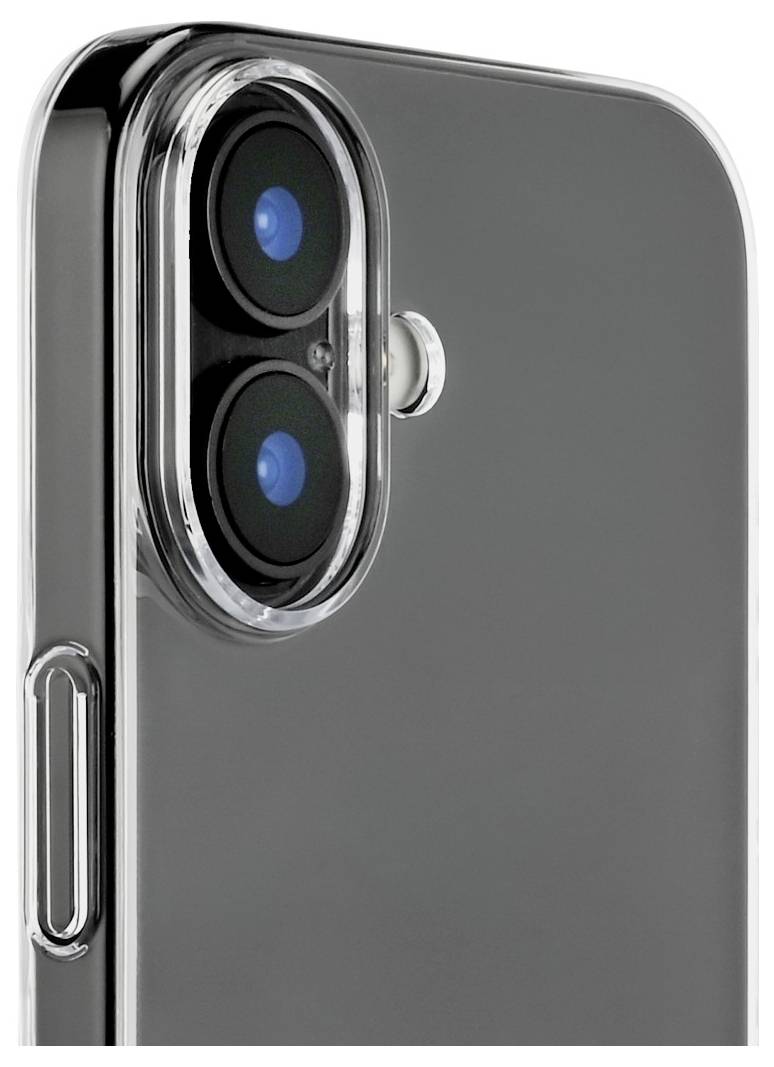 Eine Nahaufnahme der Dual-Rückkameras eines Smartphones in einem transparenten Gehäuse, die einen metallischen Seitenknopf und ein schwarz-silbernes Design zeigt.