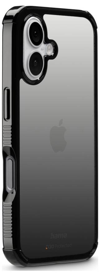 Eine schwarze iPhone-Hülle mit transparentem Rückteil, die das Apple-Logo zeigt. Sie verfügt über schützende Kanten und präzise Aussparungen für Tasten und Kamera.
