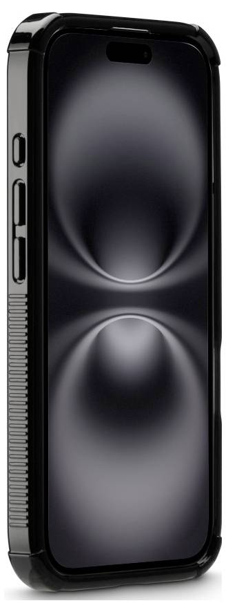 Ein Smartphone mit einem eleganten Gehäuse, das ein dynamisches abstraktes Bild auf seinem Bildschirm zeigt, mit kreisförmigen leuchtenden Mustern in einem dunklen Farbton.