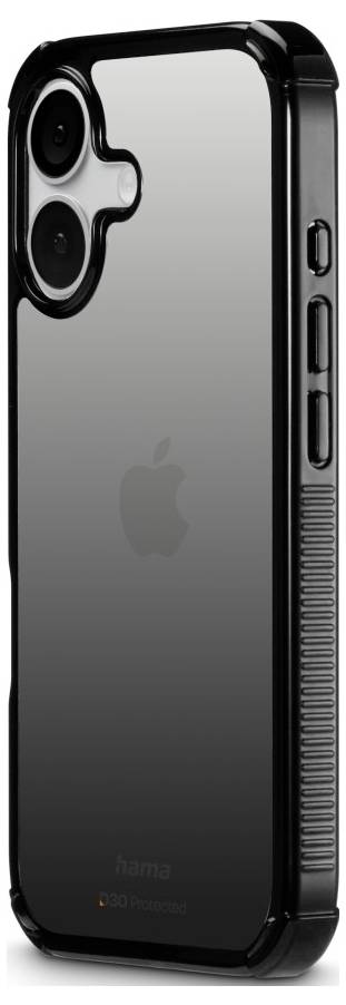 Eine transparente Handyhülle mit schwarzen Kanten, designed für ein Smartphone mit Dual-Kamera-Setup. Die Rückseite zeigt ein dezentes Logo.