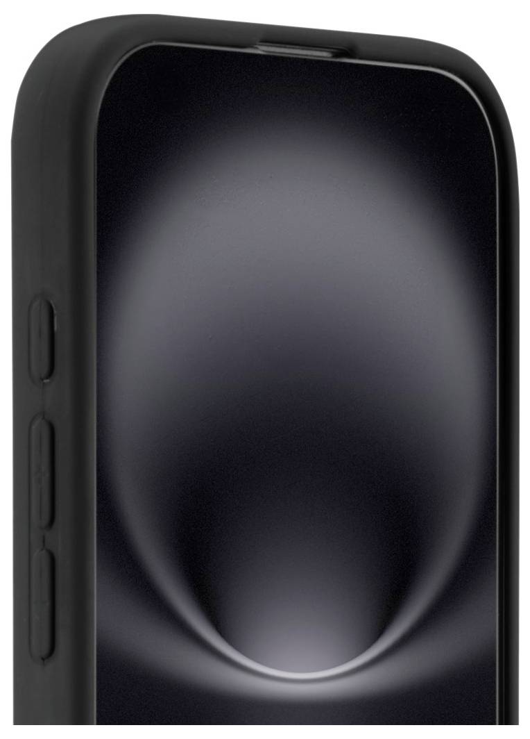 Eine Nahaufnahme eines Smartphones mit einer schwarzen Hülle, die die seitlichen Tasten und einen dunklen, ambientbeleuchteten Bildschirm mit einer dezenten Lichtreflexion zeigt.